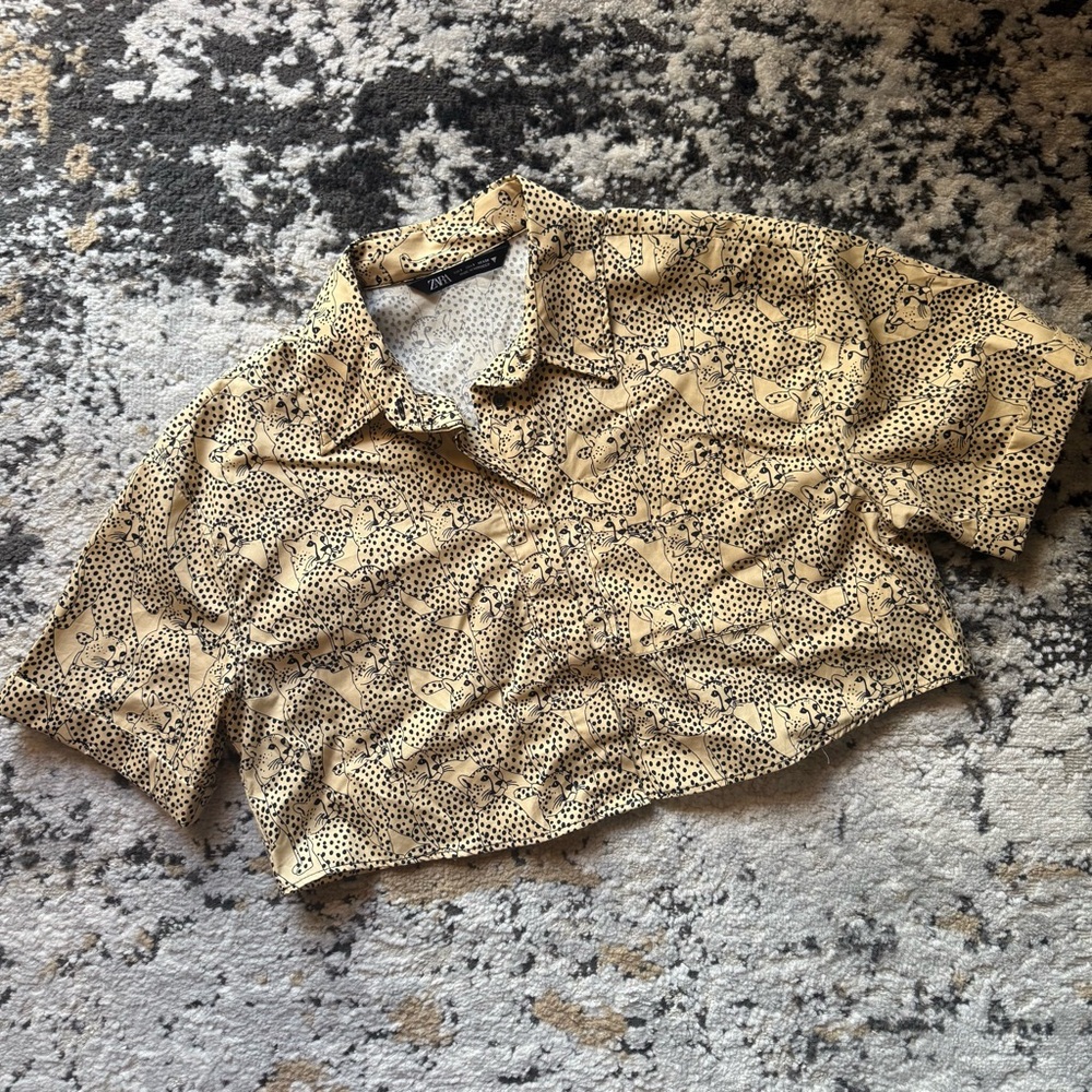 Zara Tan and Black Leopard Cropped Button Down Shirt